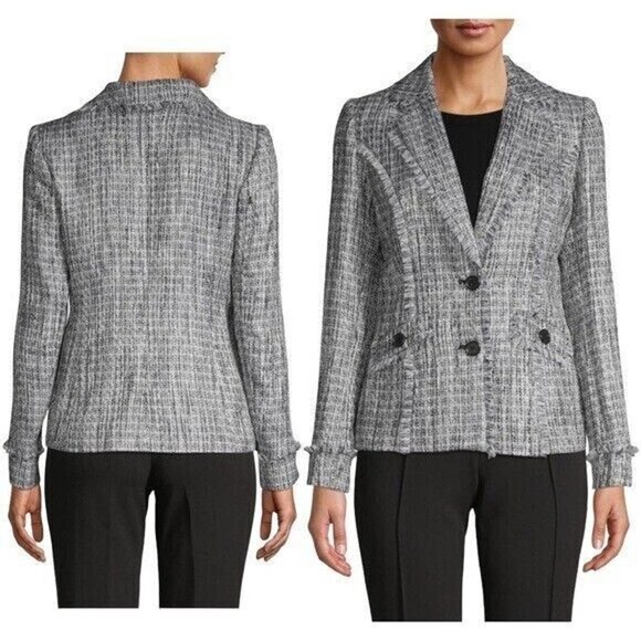 NWOT Karl Lagerfeld Fringe Trim Tweed Blazer Jacket Metallic Blue Two Bu… - Picture 1 of 12